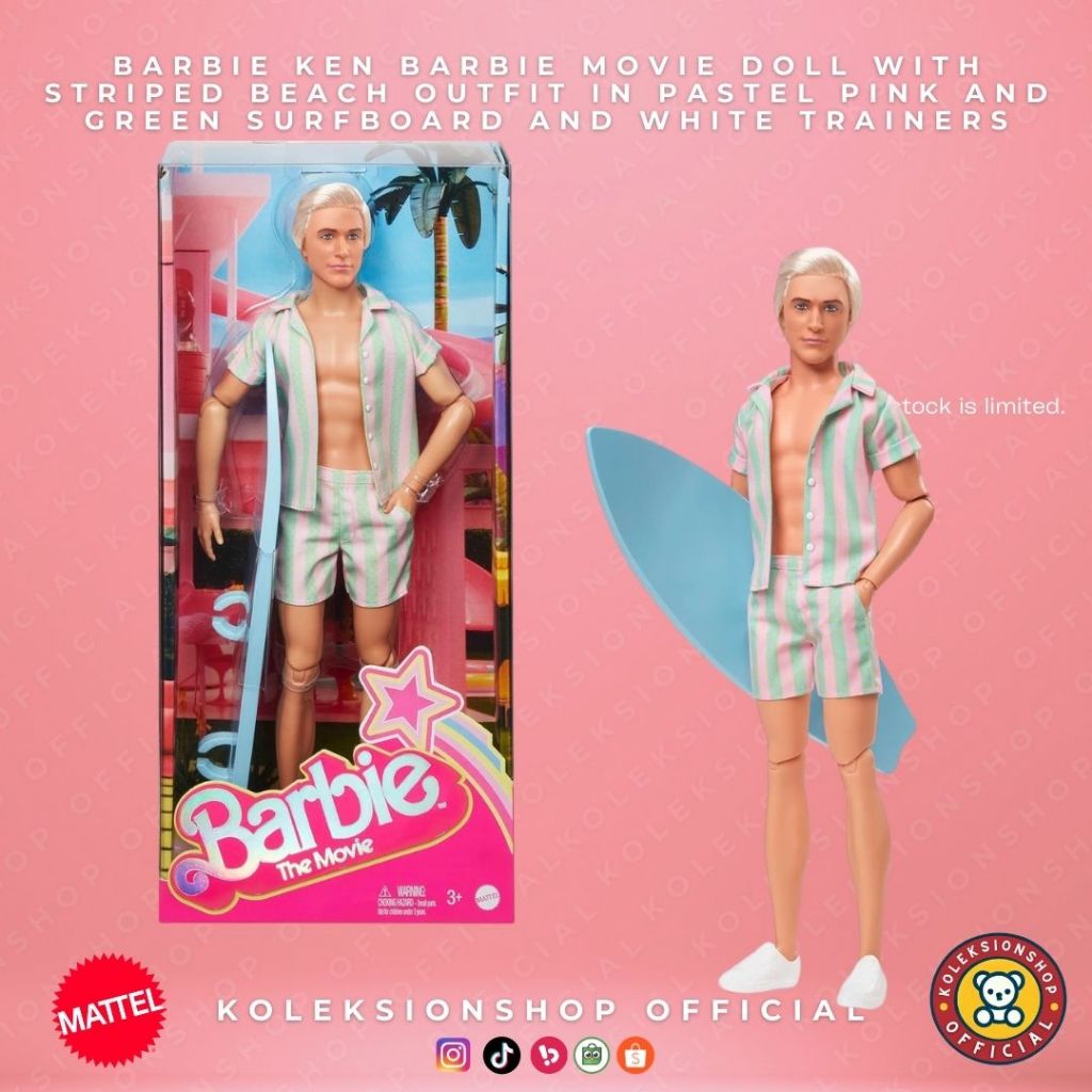 Barbie Ken Barbie Movie Doll with Striped Beach Outfit in Pastel Pink Green  Surfboard Label Mattel