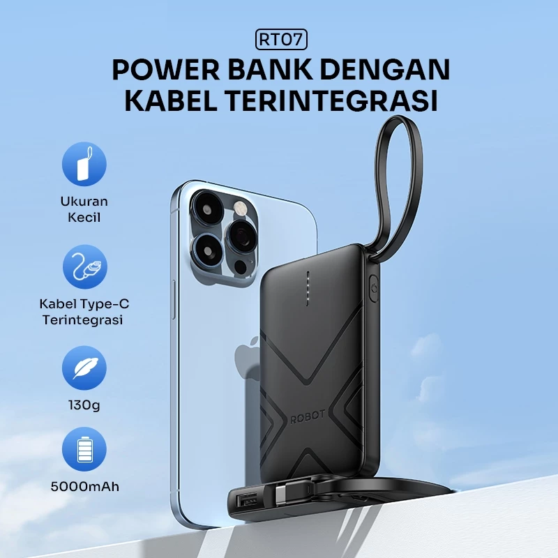 ROBOT Powerbank Mini 5000mAh Real Capacity Fast Charging 18W With Cable Type C Power Bank Portable RT07 Original