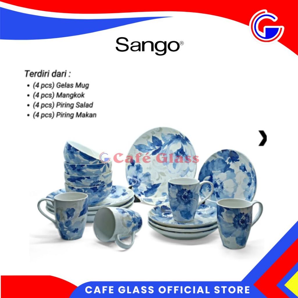 Sango Paradise Blue Dinner Set Keramik 16 Pcs - Piring Gelas Mangkok Keramik Motif Bunga Biru Hampers Kado Nikah