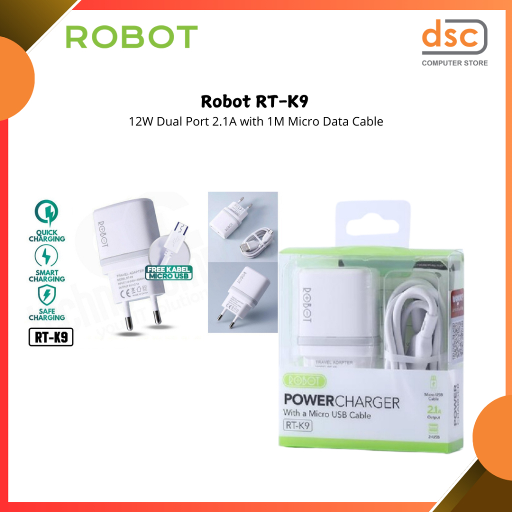 Jual ROBOT RT-K9 12W Dual Port 2.1A with 1M Micro Data Cable | Shopee ...