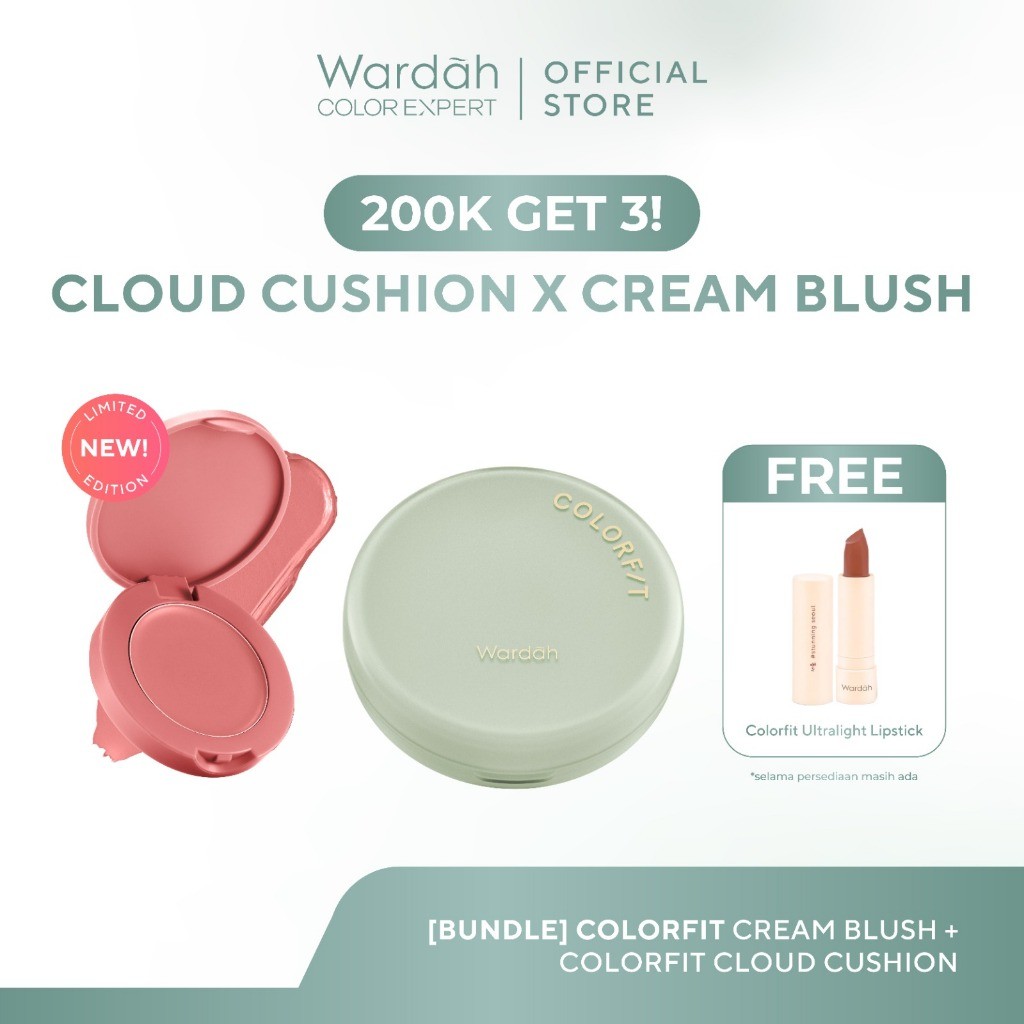 [200K GET 3!] WARDAH Colorfit 5D Blur Cloud Cushion Matte Finish + Colorfit Cream Blush + Colorfit Ultralight Matte Lipstick - Makeup