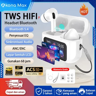 Akona TWS Headset Earphone Bluetooth Wireless Super Full Bass Type-c ANC/ENC Suara Sekitar 360° Layar Sentuh LCD Active Noise reduction IPX5 Tahan Air（Free 1 Lanyard + 6 Earplugs）