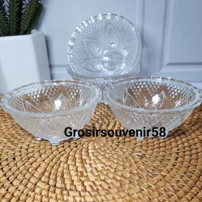 ( isi 50pcs ) MANGKOK BULAT KACA MOTIF MAHKOTA TANPA KEMASAN