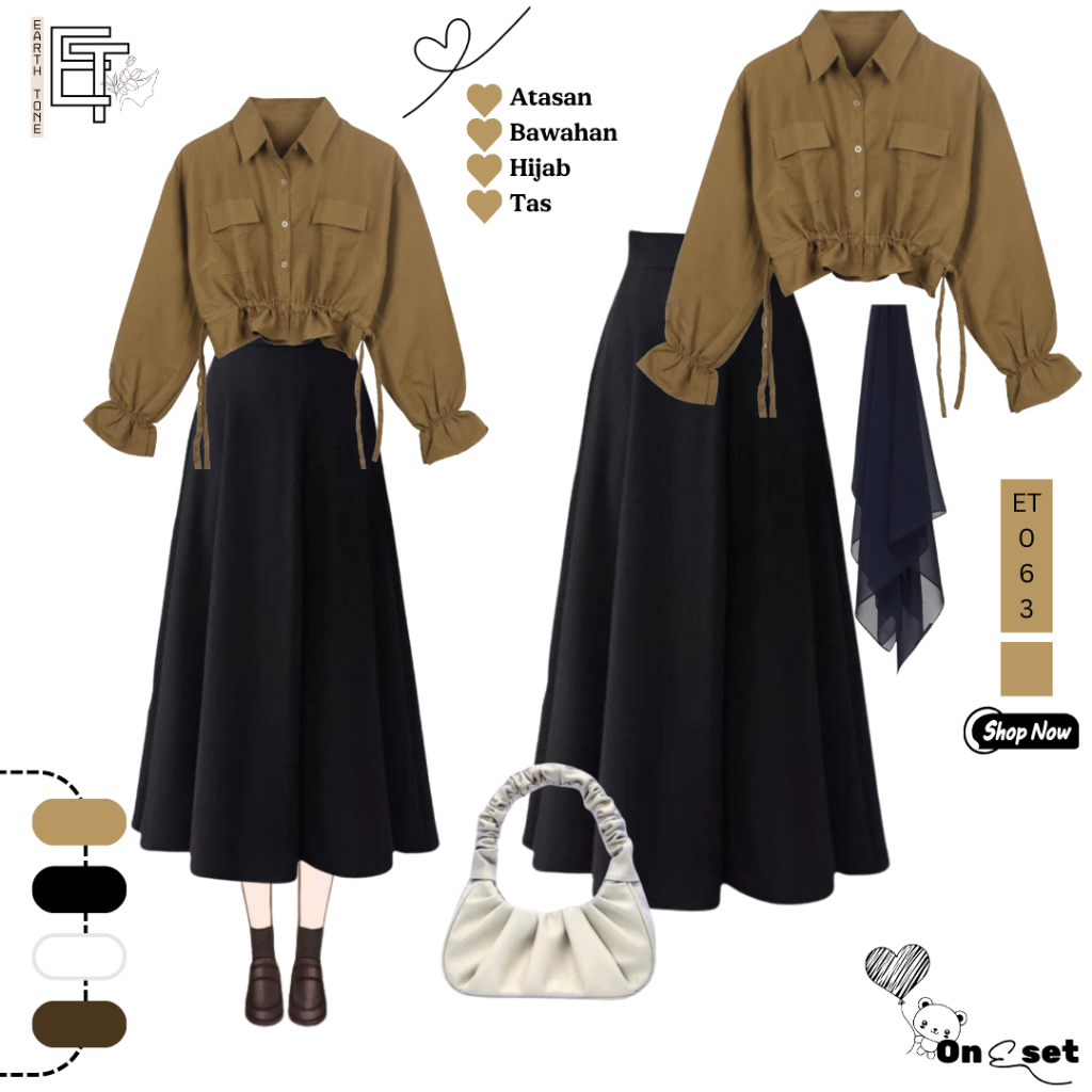 Jual One Set Korean Style Wanita 4in1 - Kemeja Crop + Rok Payung ...