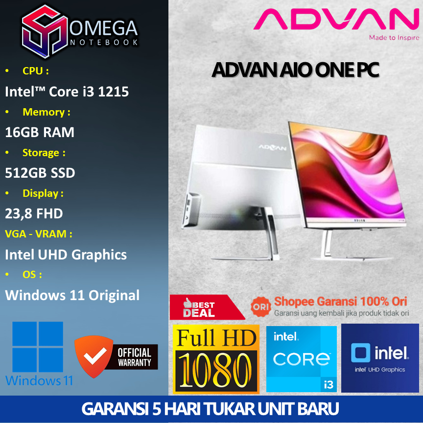 Jual Advan All in One PC i3 1215 16GB 512GB 23,8 Inch Windows 11 ...