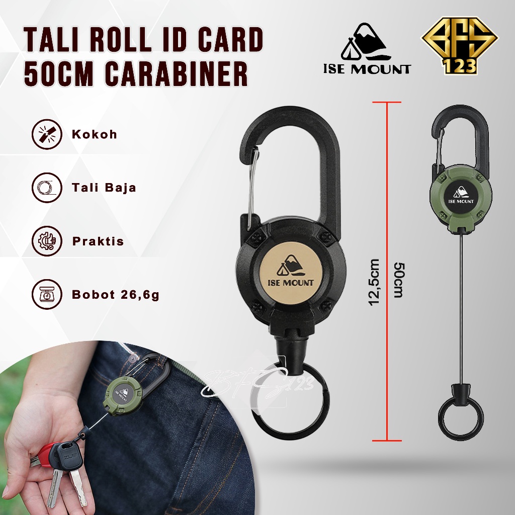 Tali Roll Gantung Id Card Panjang 50 Cm Baja Hook Carabinner - foto 1