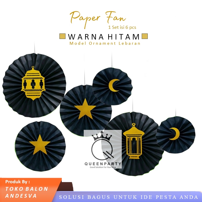 Paperfan Ramadhan Hitam Gold / Paper Fan bunga kipas Dekorasi Hiasan Ramadhan Lebaran Idul Fitri