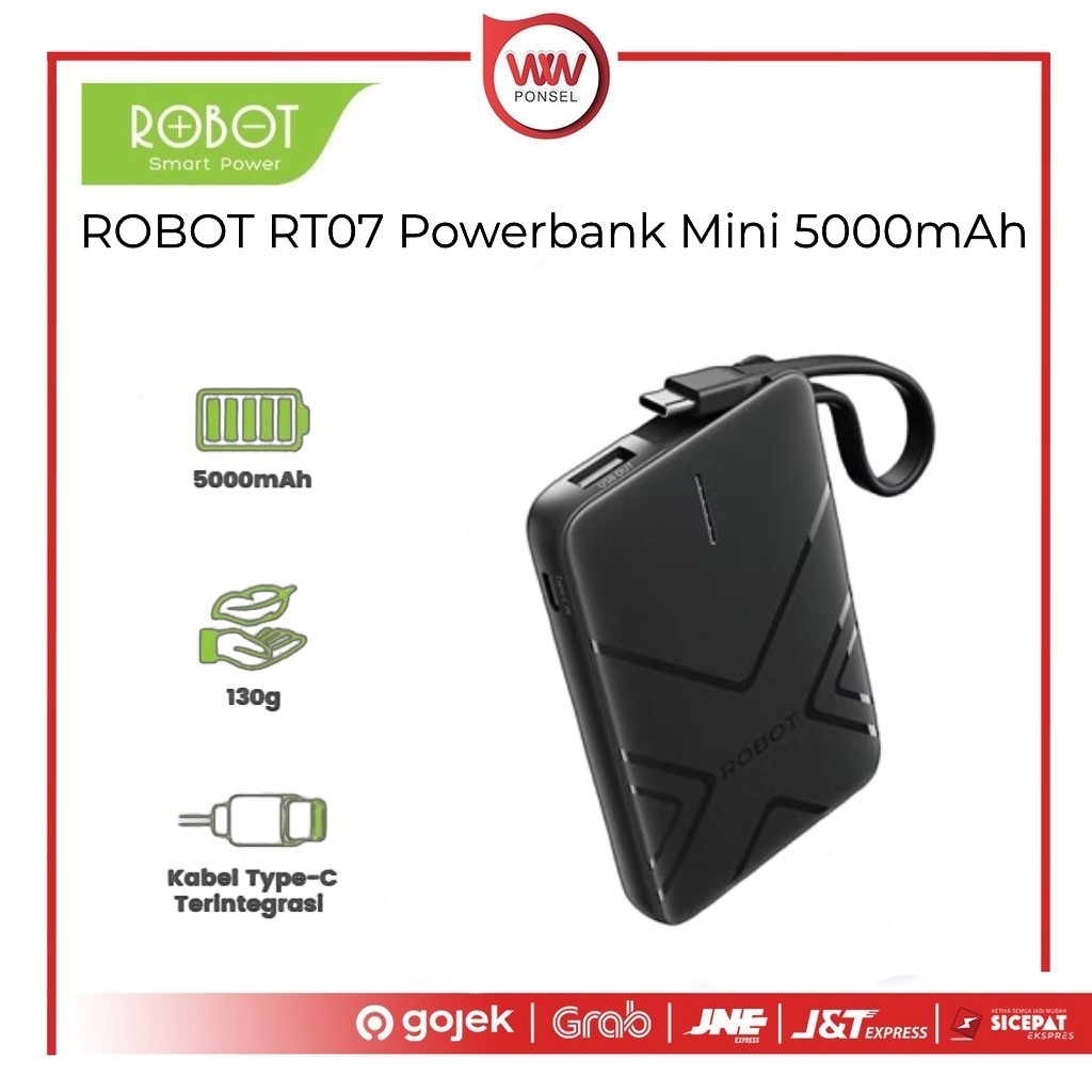 ROBOT RT07 Powerbank Mini 5000mAh Real Capacity Fast Charging 18W With Cable Type C Power Bank Portablel