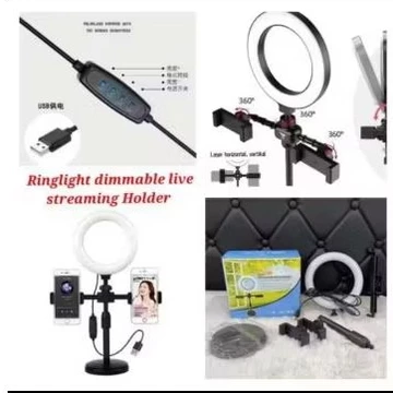 Ringlight Dimmable Live Streaming Holder RingLight Tripod 2 Holder Stand Handphone Ganda Live