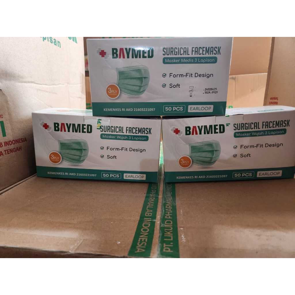 Jual Masker Cantol Baymed Hijau/ Masker Medis Earloop Karet 3ply BAYMED ...