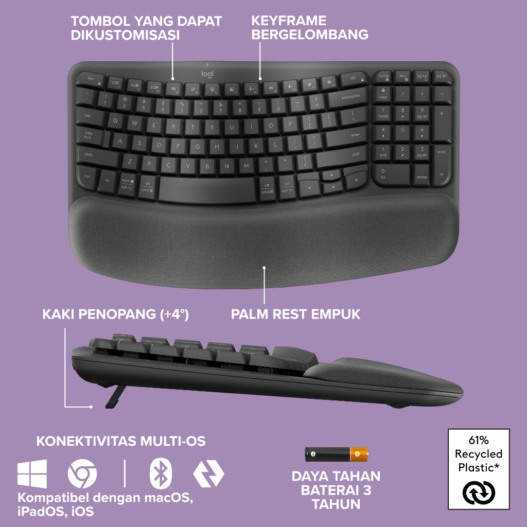 Logitech Wave Keys Keyboard Ergonomis Wireless, Bluetooth dan Multi-OS Windows/ Mac dilengkapi dengan Cushioned Palm Rest (7)