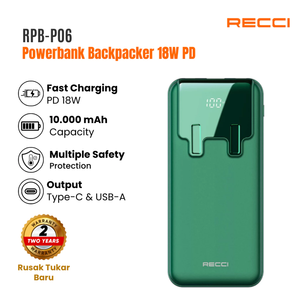 Powerbank Recci Backpack 18W PD 10000 mAh RPB-P06 White/Green/Black