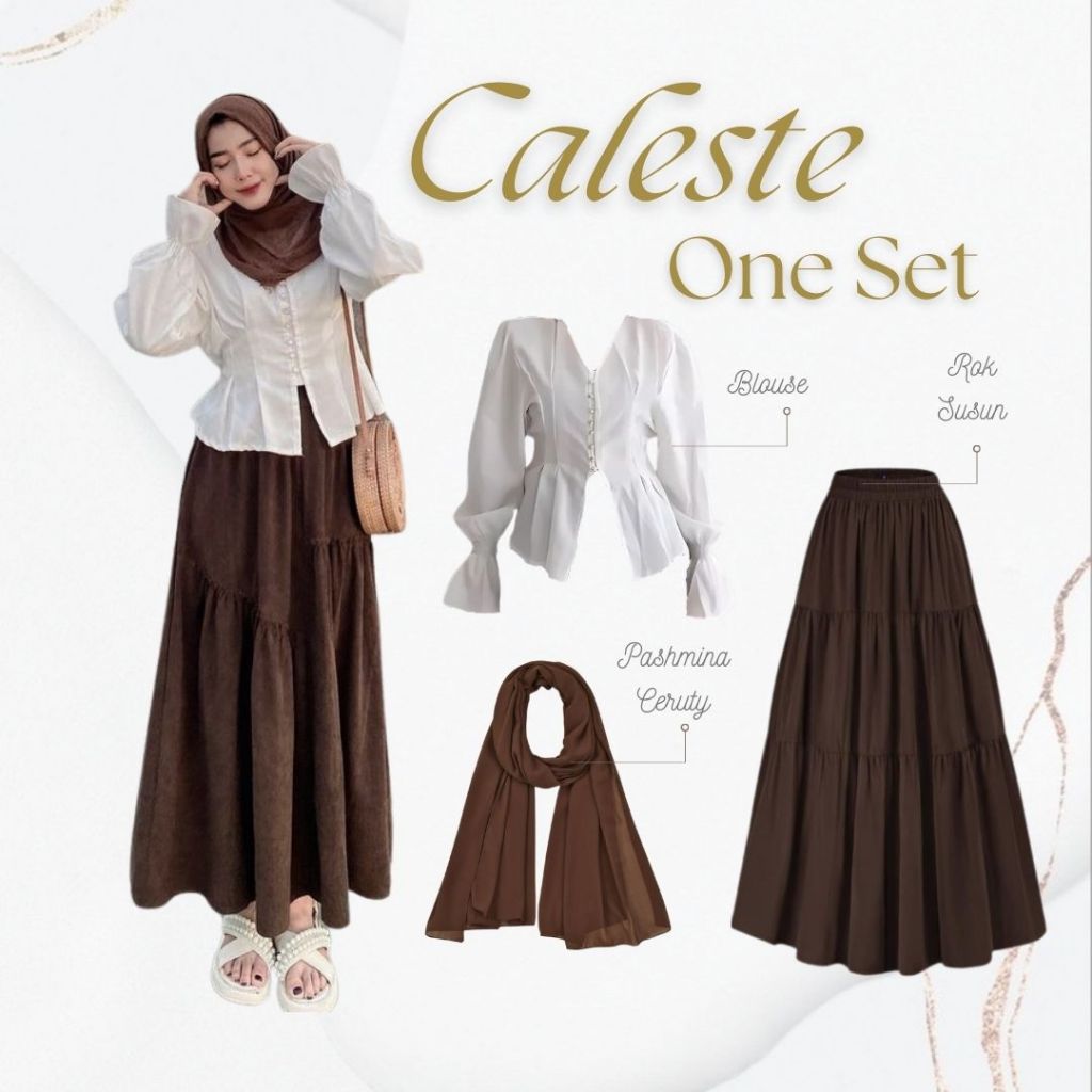 Jual Oneset Rok Hijab 3in1 | Blouse Putih Rok Susun Coklat Pashmina ...