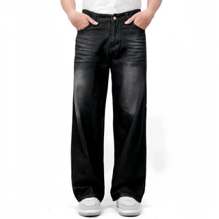 Ethena - Celana Jeans Wisker Pria Unisex Wide Leg Lebar Gombrong Skena Blacki