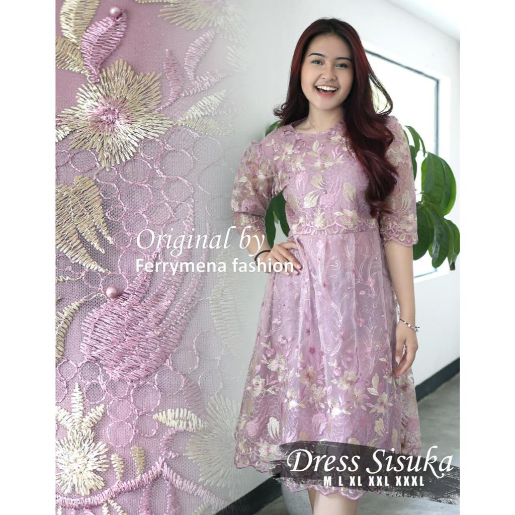 Jual Dress Pesta Sisuka Tille Twotone Full Furing Ala Korea Fashion
