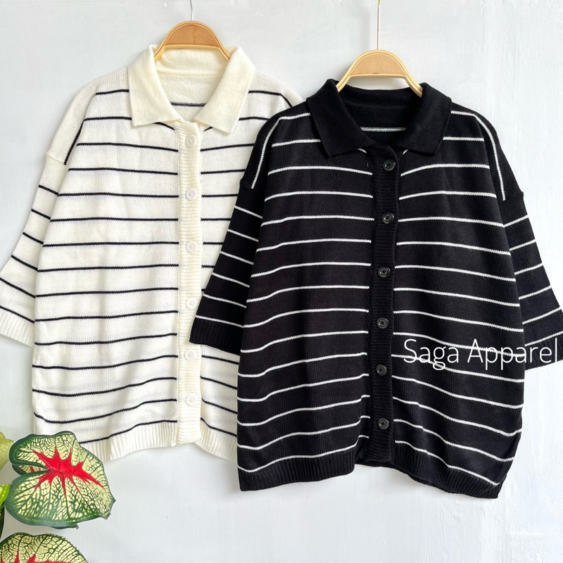 Jual YOKO CARDIGAN RAJUT KERAH POLO KANCING MOTIF STRIPE WANITA ...