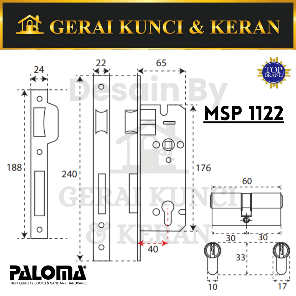 Jual PALOMA MSP 1122 40 MM Mortise lock Kunci Pintu Swing Paloma Set ...