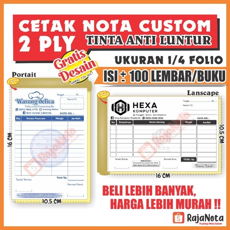 Jual NOTA CUSTOM 2 RANGKAP MINIMAL ORDER 10 BUKU UKURAN 1/4 Folio 2 PLY ...