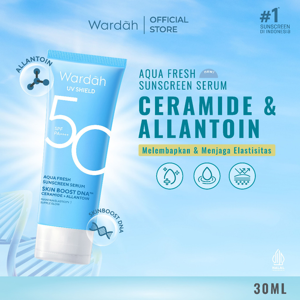 Wardah UV Shield Aqua Fresh Sunscreen Serum SPF 50 PA++++ 30 ml - Sunscreen yang Melembabkan Kulit Kering, Memperbaiki Skin Barrier, Melindungi Kulit secara Maksimal - Ringan, Cepat Meresap, Tidak Lengket, No Whitecast, Non comedogenic, 0% Alkohol