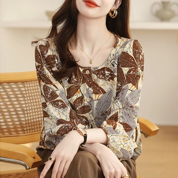 TianShun High Quality Yellow Printings Shirt Thailand Women Long Sleeve Casual Chiffon Fashion