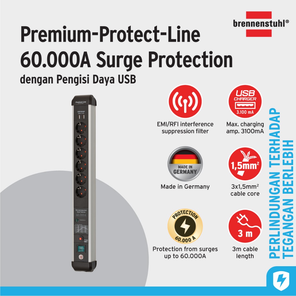 Brennenstuhl Premium-Line Regleta Enchufes De 4 Tomas Con Protección Contra Sobretensiones Hasta 60.000A (Cable De 1,8m, Interruptor, Montable, Fabricado En Alemania) Negro