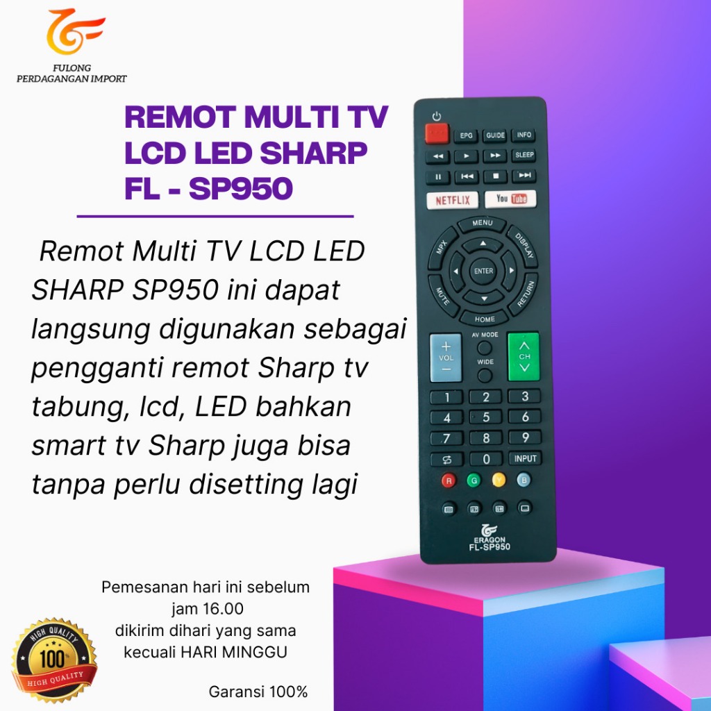 Jual Remote Remot TV Sharp Aquos LED LCD Smart Youtube Netflix Type FL ...