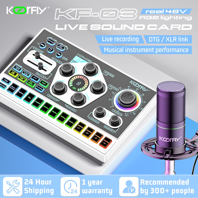 Jual KOORFLY KF03 Terbaru RGB Live Soundcard 48V Recording Live Mixer
