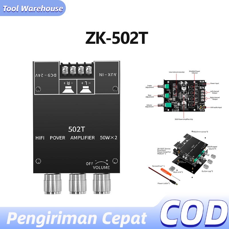 Produktbild von Qcwwy Verstärkermodul ZK-502T – TPA3116D2, 2x 50 W, 5.0 Bluetooth, Bassregler, Überlastschutz, Für DIY-Audio