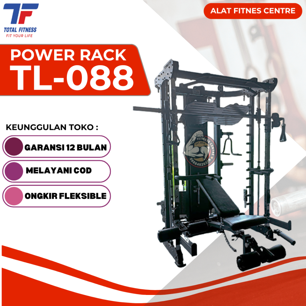 Total Fitness Alat Angkat Beban Multi Power Rack Adjust Bench Press Smith  Power Rack Machine TL-088