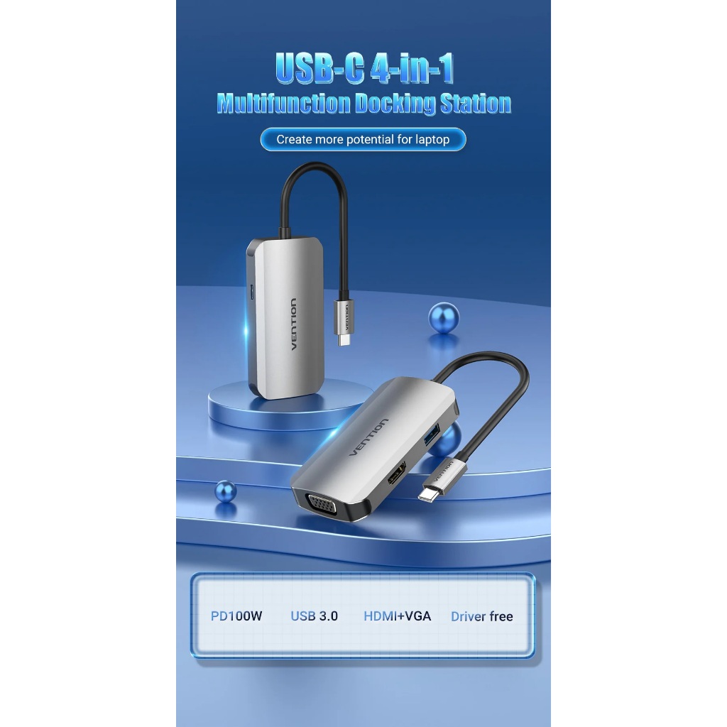Jual Resmi Vention USB-C to HDMI VGA USB 3.0 Power Delivery 100W PD ...