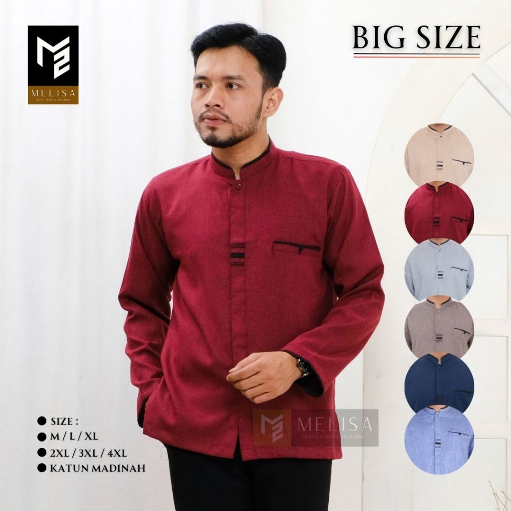 Baju Koko Pria Dewasa Katun Madinah Polos Lengan Panjang Baju Muslim Remaja Laki Laki Ukuran XXL XXXL XXXXL 2XL 3XL 4XL Warna Maroon9
