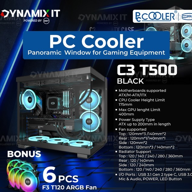Jual PC Cooler C3-T500 Panoramic TG ATX PC Case + 6x120mm ARGB Fan ...