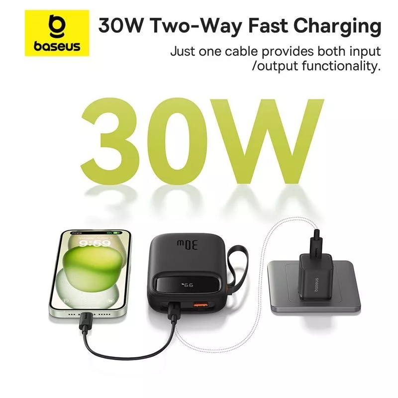 Baseus Power Bank Qpow2 30W 10000mAh With Dual Cable Type C Fast Charging PD 3.0