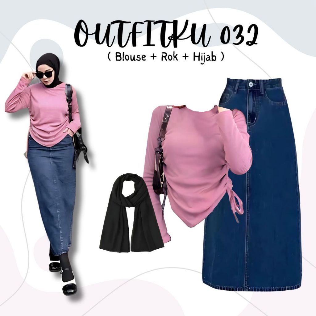 Jual One Set 3in1 Blouse Dusty Pink Rok Jeans Hijab Pashmina