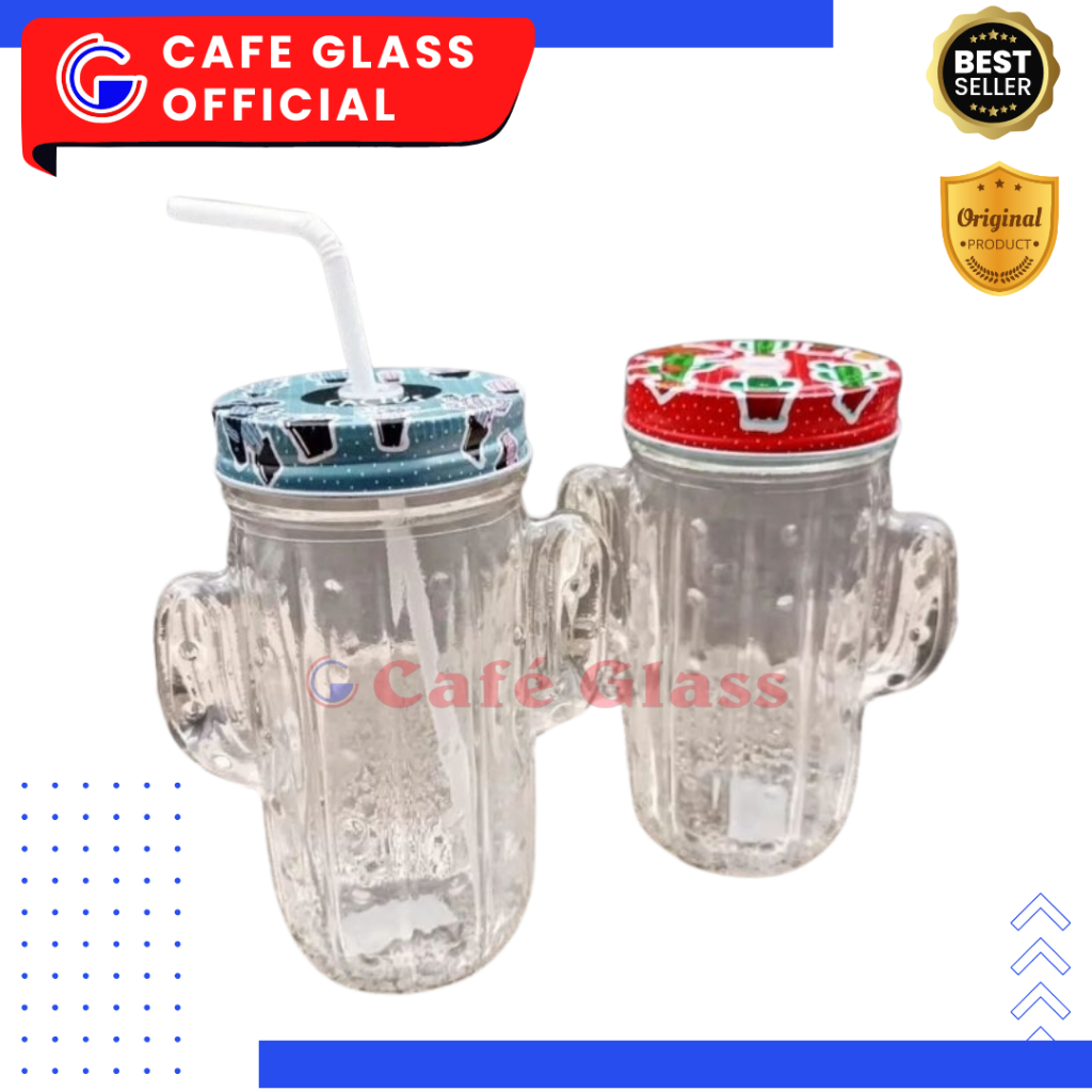 Gelas Kaca Lucu Bentuk Kaktus - Gelas Kaktus Emboss - Mug Kaktus Lucu Sedotan Tms99