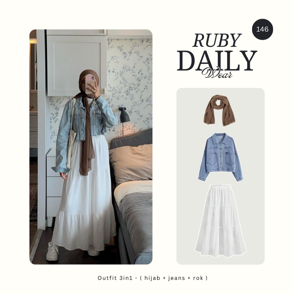 Jual One Set Wanita Korean Style (hijab+jeans+rok) Set OOTD casual ...
