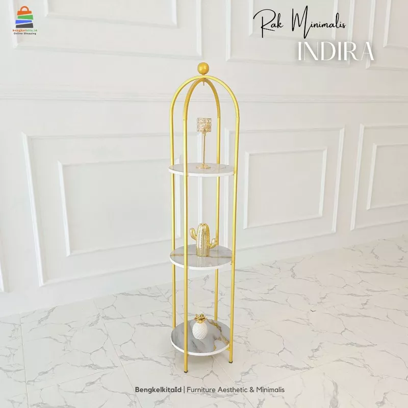 Aesthetic Round Display Rack Tower Shelving - RAK INDIRA - Modern Minimalist Besi Holo Gold