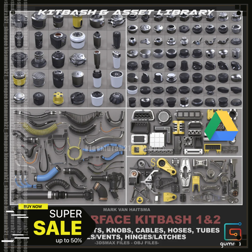 Jual Gumroad – Hard Surface Kitbash Library 1 – Canisters Bolts Knobs ...