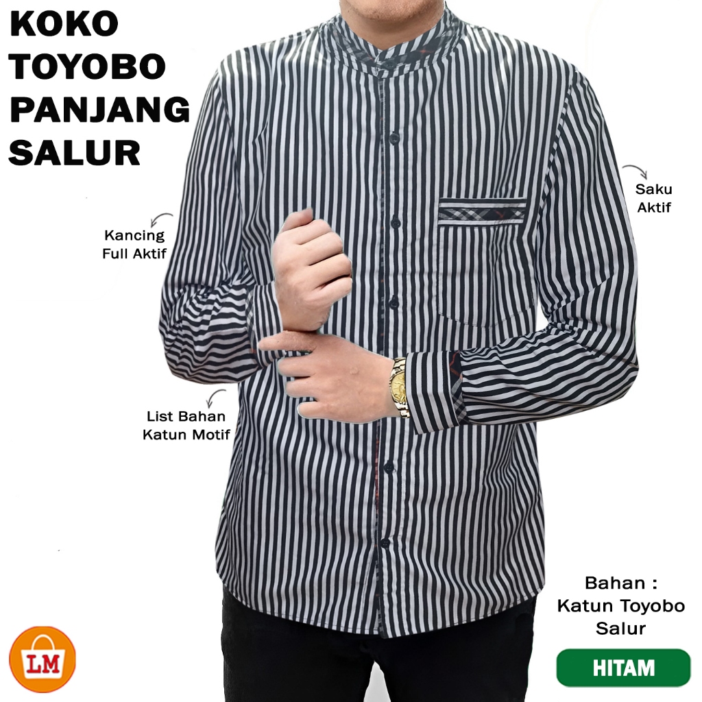 Baju Koko Muslim Garis Salur Hitam Putih Lengan Pendek Lengan Panjang Casual Ganjar Pranowo Atasan Hem Cowok Stripe Black White Basic Elegan Kerja Kantoran