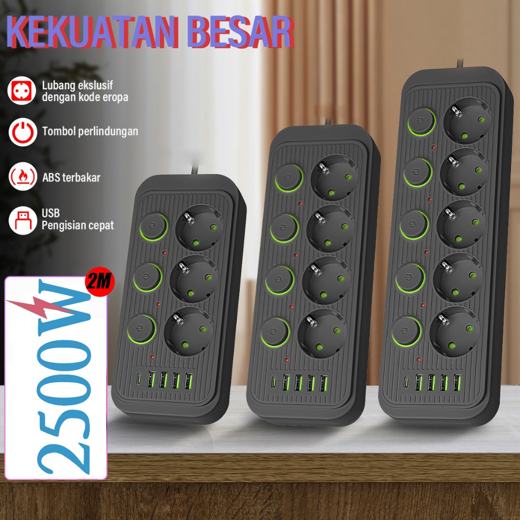 Jual 2500W Colokan Listrik Panjang 2/3/5 Meter Stop Kontak Kabel Saklar ...