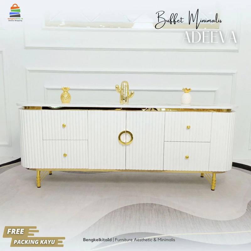 Meja TV Credenza Adeeva Aesthetic Lemari & Rak TV Minimalis Modern Top Marmer Putih/Hitam UV Gold Banyak Ukuran Warna