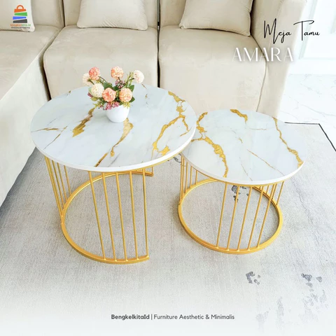 Meja Amara Aesthetic Meja Tamu Minimalis Mewah 2 Susun Top Marmer UV Gold Resin - Coffee Table Meja Sofa Kaki Besi Gold