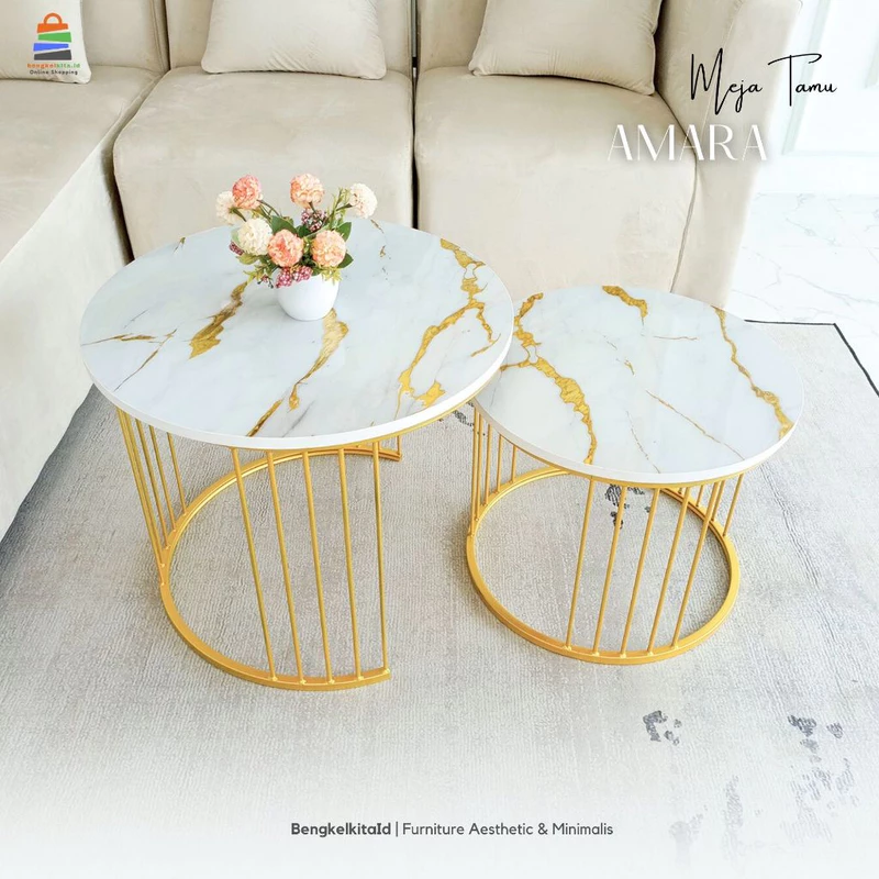 Meja Amara Aesthetic Meja Tamu Minimalis Mewah 2 Susun Top Marmer UV Gold Resin - Coffee Table Meja Sofa Kaki Besi Gold