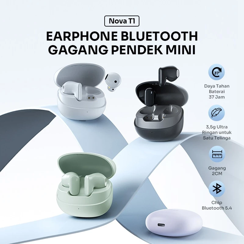 ROBOT TWS Earphone Wireless Bluetooth 5.4 with Gagang Mini 2 cm Headset Bluetooth 37H PlayTime Nova T1 Original - Garansi 1 Tahun