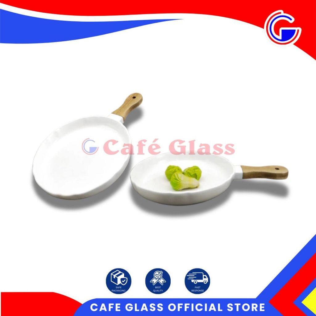 Piring Saji Keramik Putih Polos Gagang Kayu Nakami / Piring Makan Bulat Kekinian Viral Untuk Resto