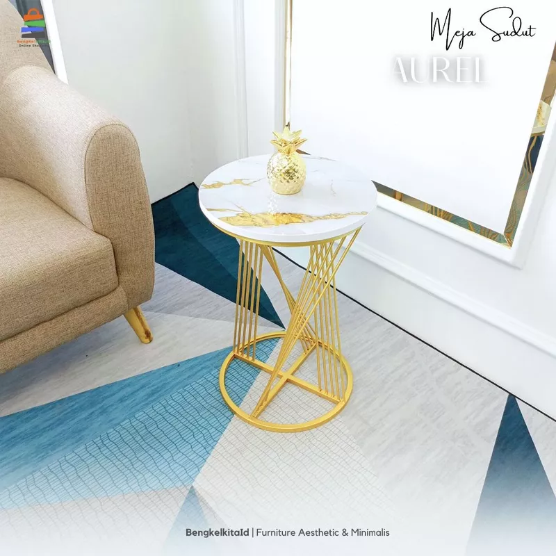 Aesthetic Side Table Round Corner Desk - MEJA AUREL - Modern Minimalist Multiplek Gold