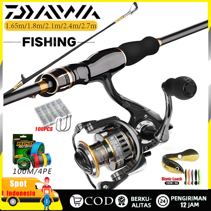 Joran Pancing Set 1.65-2.7m DAIWA Fishing Rod with 1000-7000 Seties reel power handle Reel Rasio Gear 5.2:1 Max Drag10KG Fishing line hook Lure fishing Set Complete