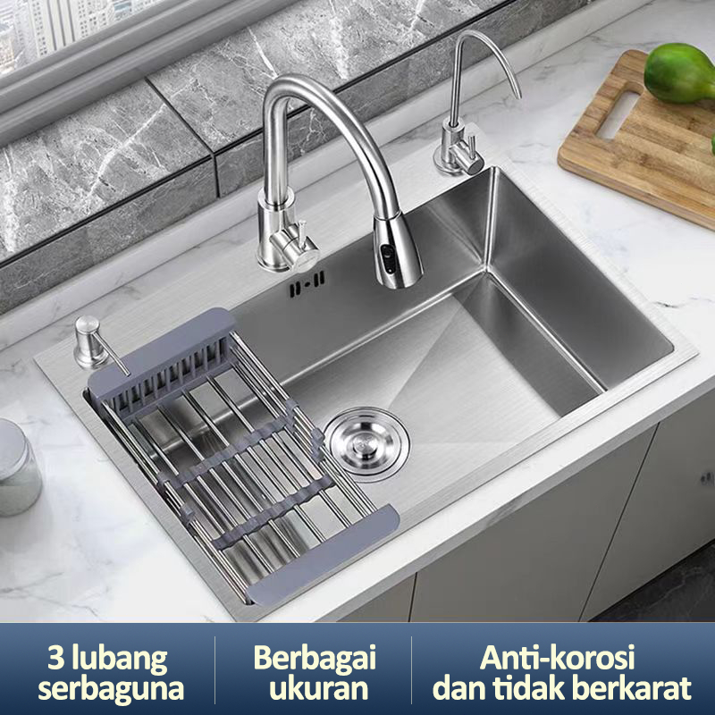SUS 304 Bak Cuci Piring Paket Komplit Wastafel Stainless Steel Set Kitchen Sink Perak 50*40/82*45CM