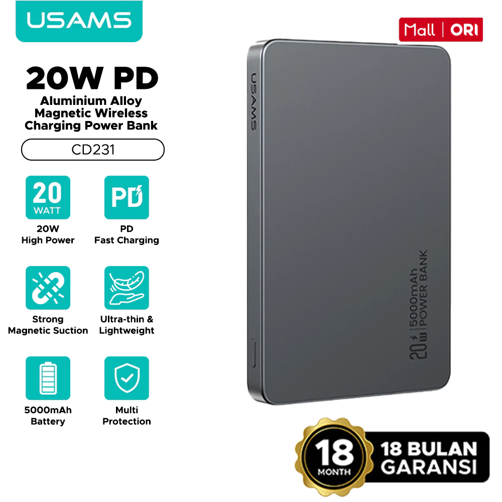 USAMS Wireless Magnetic Powerbank 5000mAh Fast Charging 20W Aluminium Alloy CD231