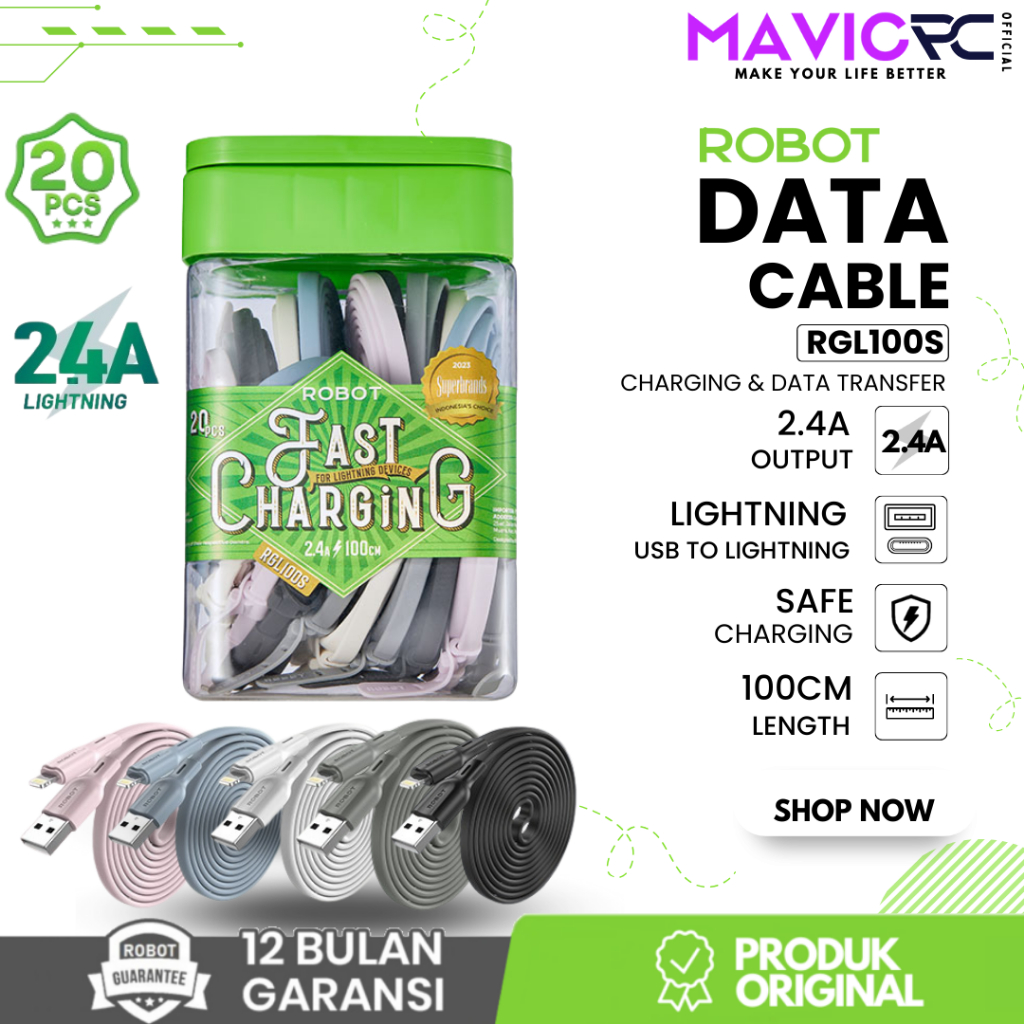 Jual [1 BOX 20 PCS] ROBOT RGL100S Kabel Cable Data Charging USB To ...